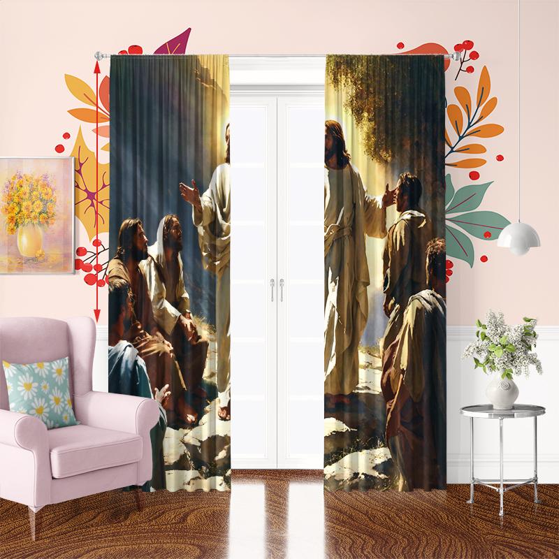 Jesus Painting Printed Curtain, Polyester Semi-transparent 2pcs Curtain -, Suitable for Living Room Decoration, Home Decoration