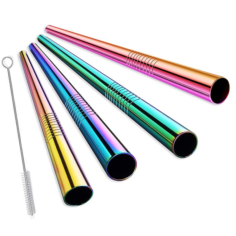 Reusable Boba Drinking Straws with Cleaning Brush 4Pcs Extra Wide Stainless Steel Metal Bubble Tea Straw for Smoothie MilkShakes