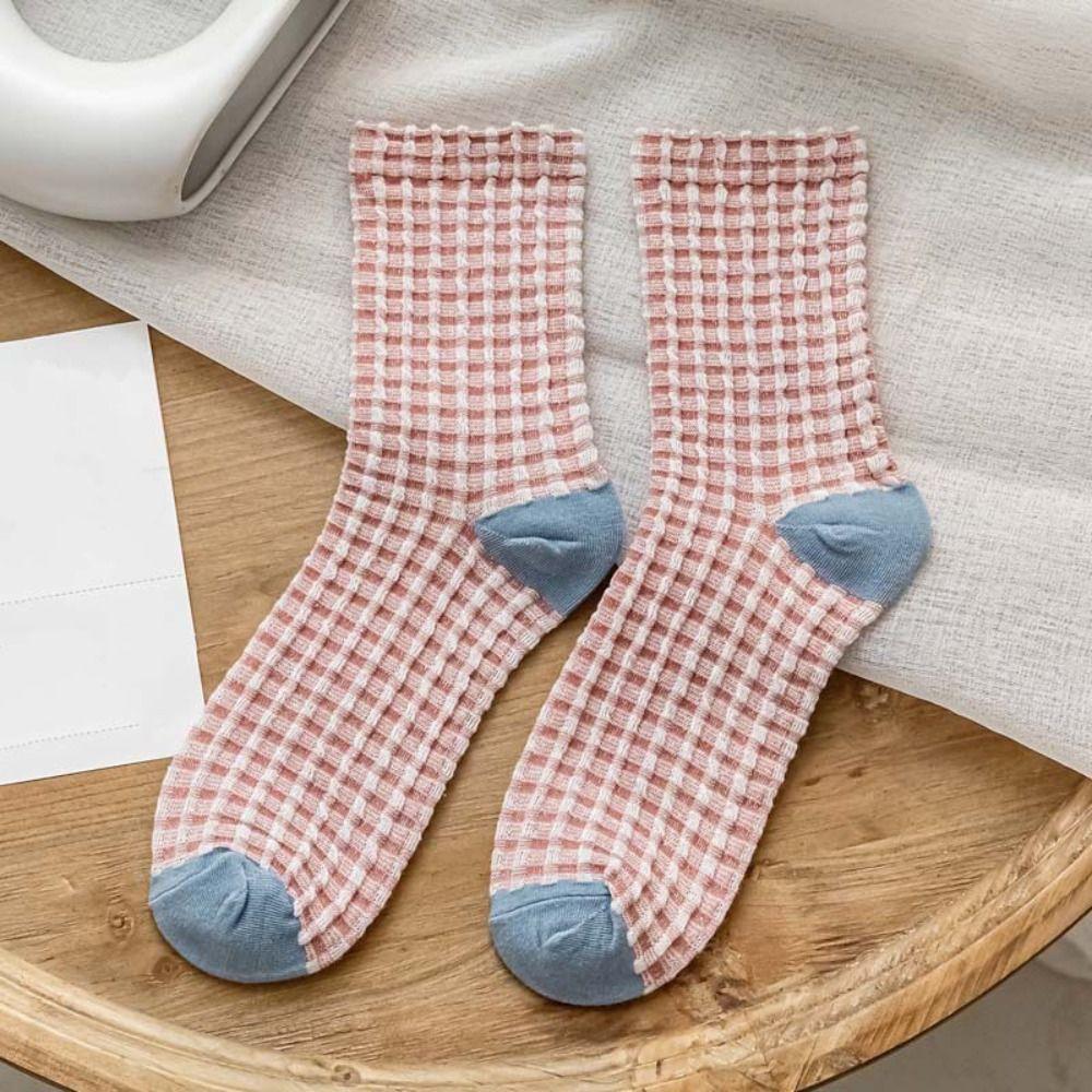 5Pairs Patchwork Checkered Cotton Socks Elastic Grids Socks Cozy Women Tube Sock  Gift
