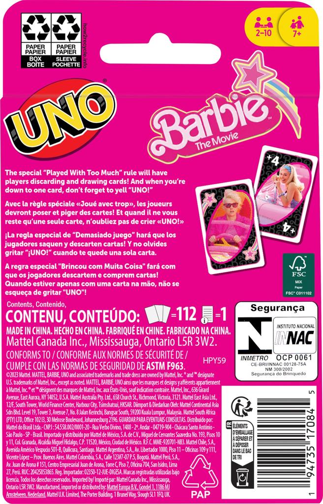 Mattel Games UNO Barbie The Movie Card Game - with Special Rules, Collectible Family Party Game, 2-10 Players, Ages 7+