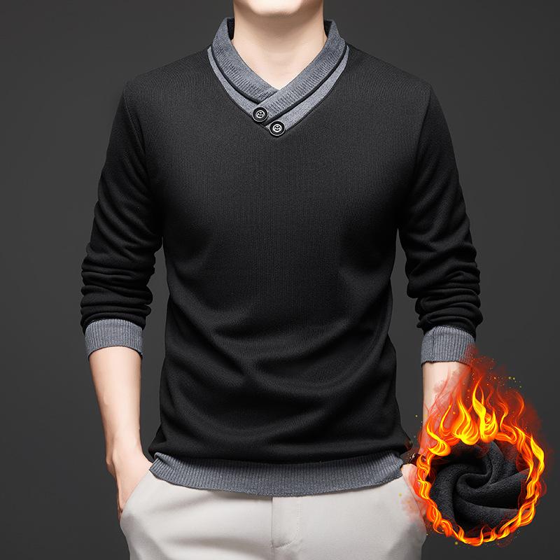Men Fleece Lined Thickened Knit Autumn Winter New Long Sleeve Base Layer Scarf Collar Sweater Skin Friendly Versatile Top