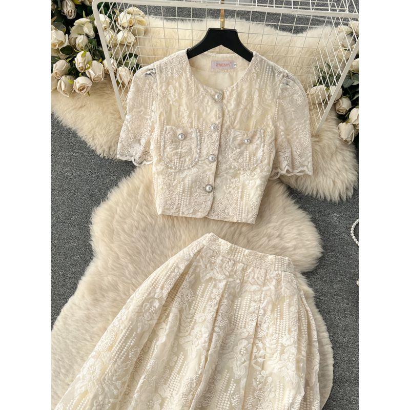 Socialite Style Crochet Puff Sleeves High Waist Slim Looking Lace