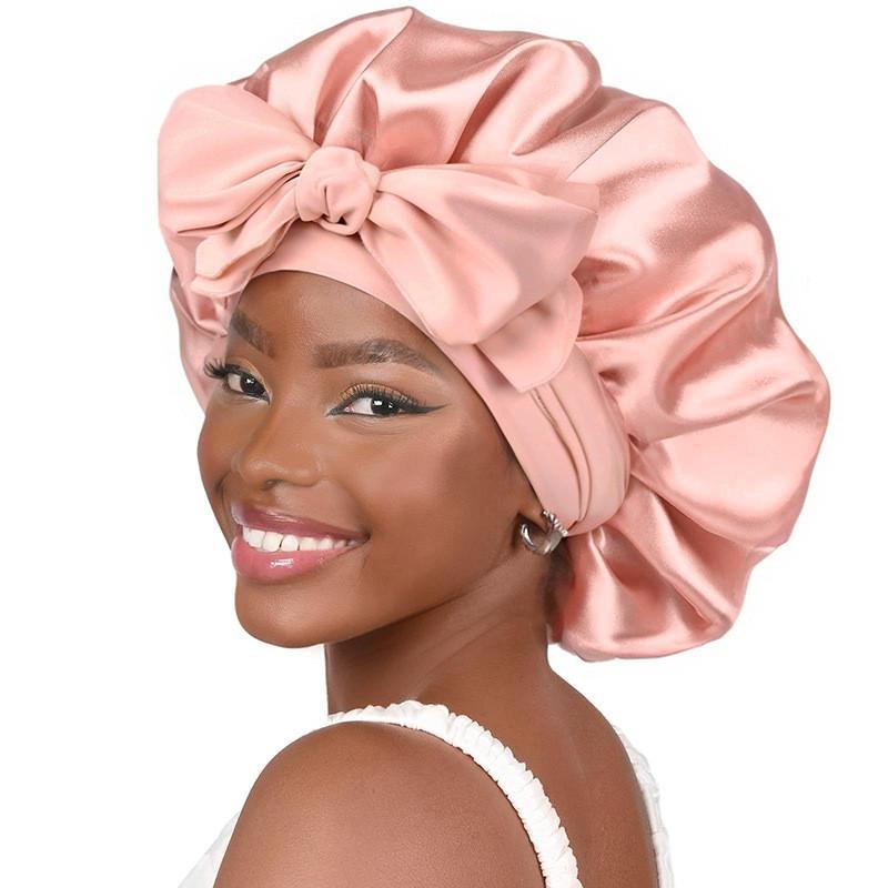Bonnet de Nuit en Satin pour Femmes avec Nœud Papillon Lien Réglable Soin des Cheveux Bonnet de Nuit Doux en Soie