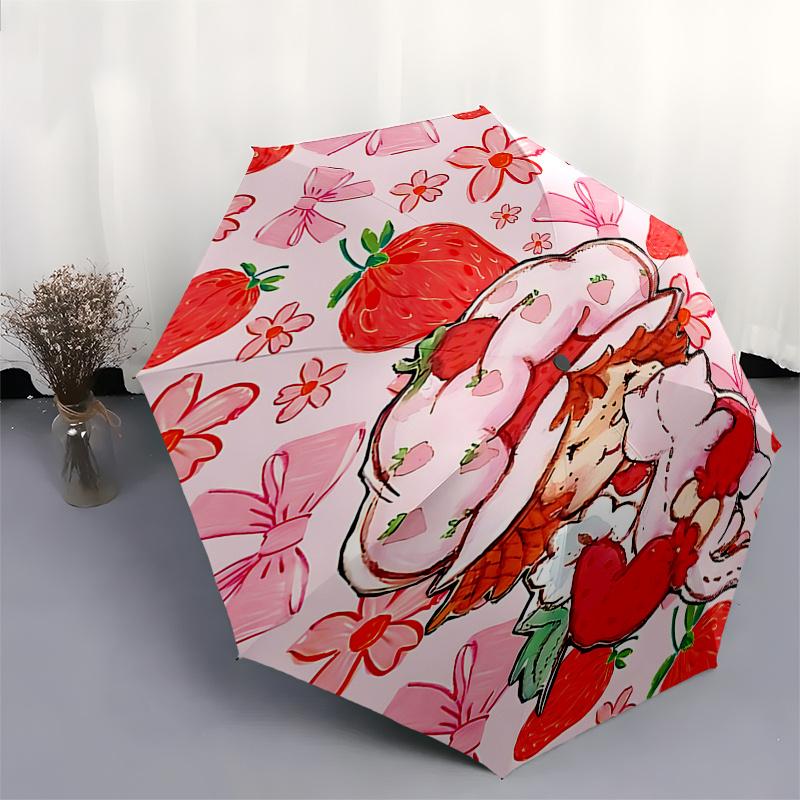 Strawberry Shortcake Inspired Auto Open Close Umbrella with Bowknot Design Portable 3 Fold Iron Frame Outdoor Umbrella, Perfect Gift for Fan