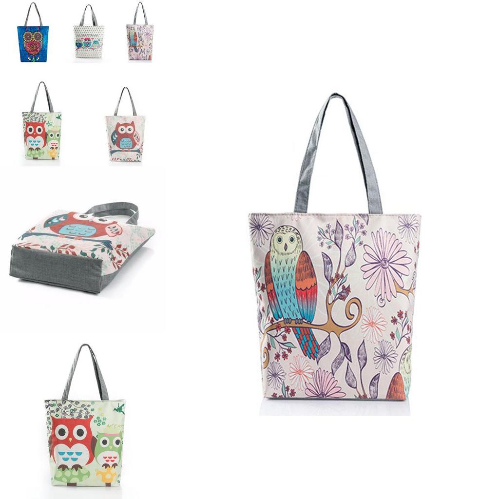 Stylish Women's Canvas Tote Shoulder Handbag Featuring Owl Design For Travel And Shopping
