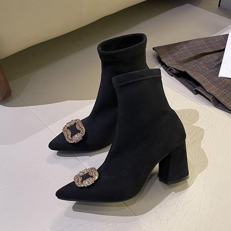 Pointed suede autumn and winter new fashion high-heeled short boots women's rhinestone square buckle low tube fashion boots solid color thin boots