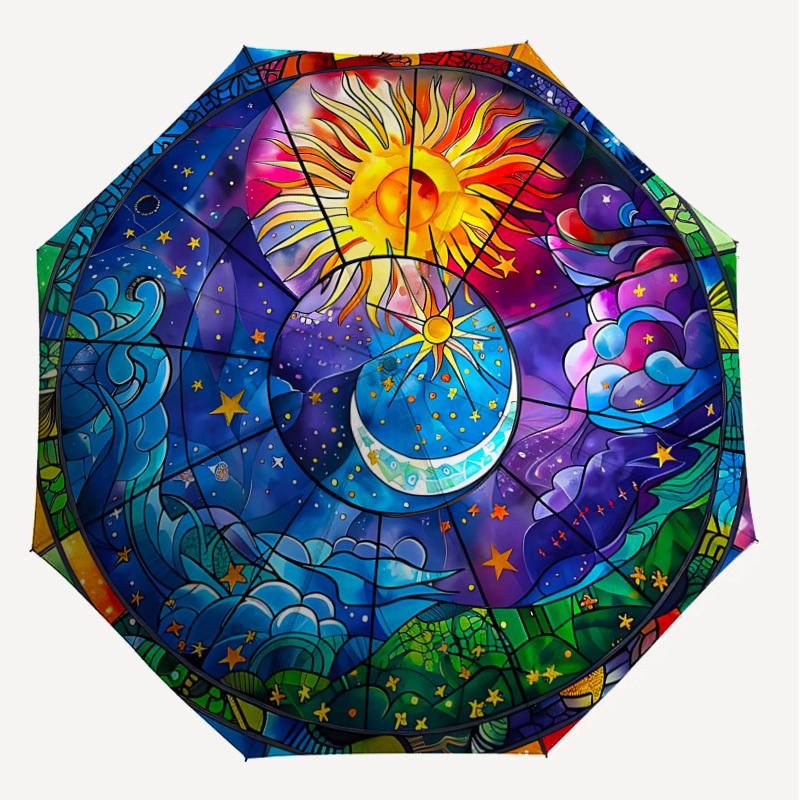1PC Sun Moon Automatic Open/Close Umbrella with Windproof, 8-Rib Sturdy Canopy, Durable Ribs, Fashionable Design, Outdoor Accessory, Fun Prin, Holiday