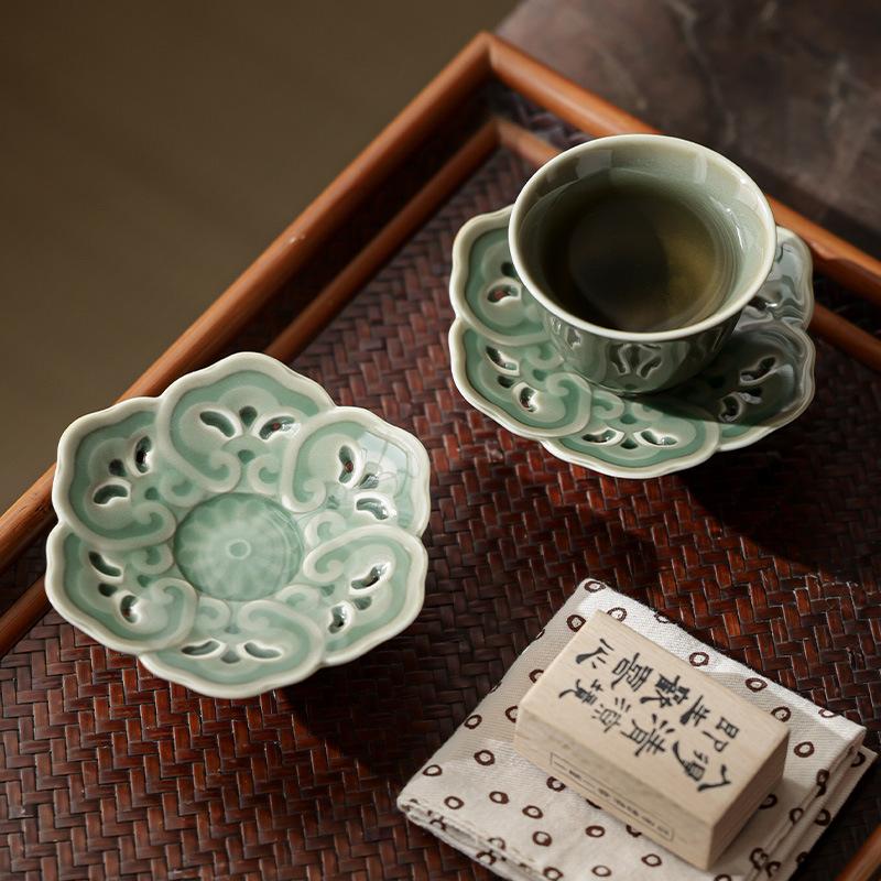 Yue Kiln Celadón Taza de Pie Alto Posavasos Almohadilla Aislante del Calor Accesorio para Juego de Té de Cerámica China Hecho a Mano