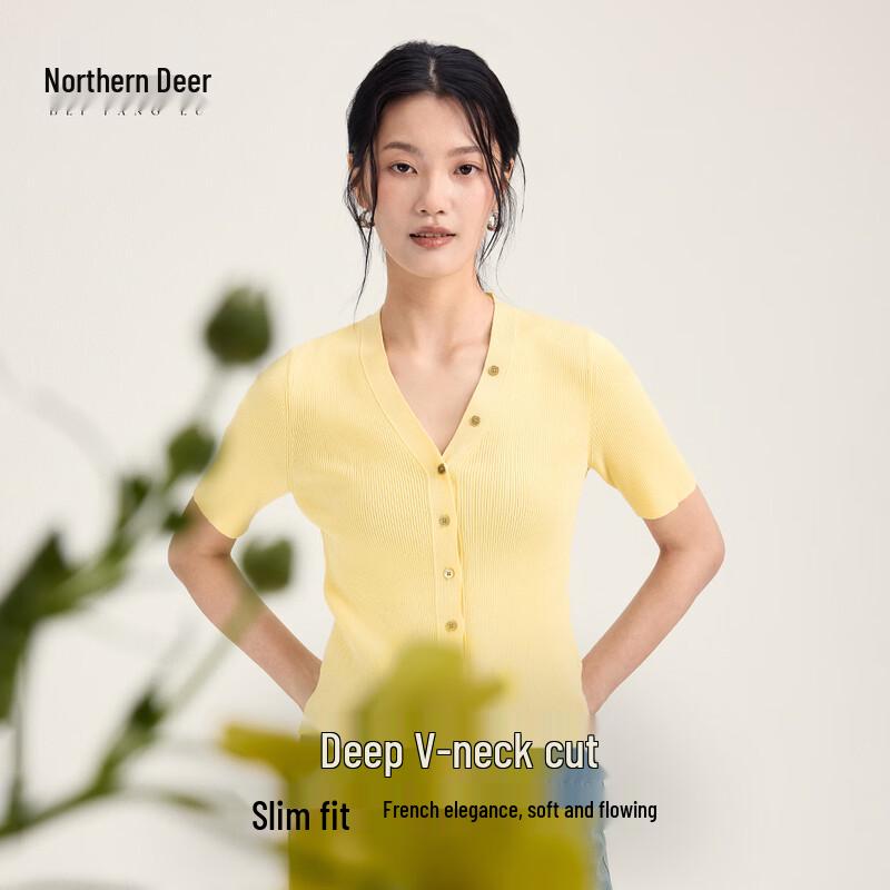 Northern Deer Lyocell-Triacetate Blend V-Neck Ribbed Short Sleeve Cardigan M