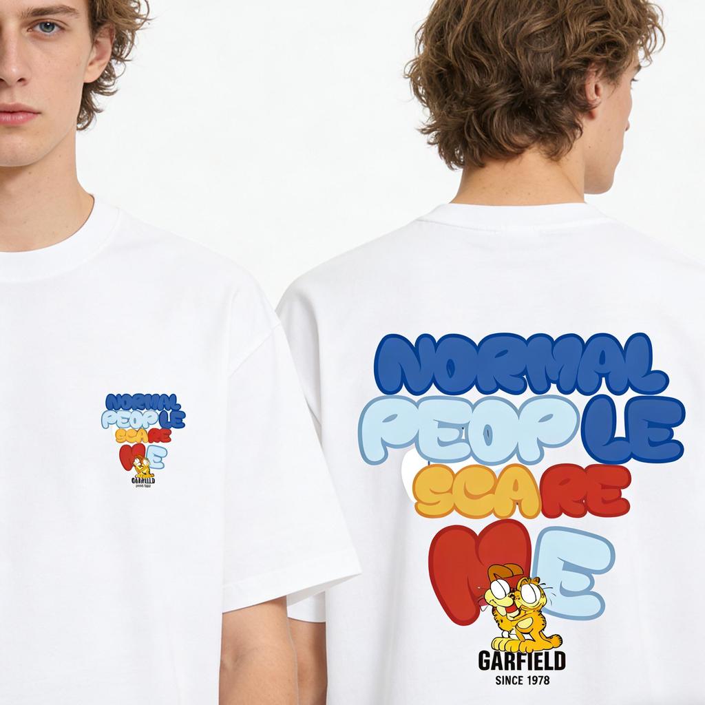 Garfield """Normal People Scare Me" T-Shirt mit Aufdruck vorne und hinten, Kurzarm, Amerikanischer Streetwear-Stil, Schwerer Baumwollstoff, Lockerer Schnitt, Oversized, Paar-Oberteil"""