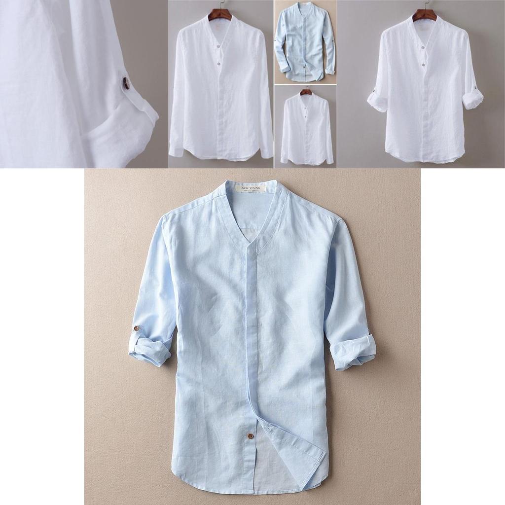 Premium Men's Loose Cotton And Linen Shirts With V-neck For Ultimate Comfort