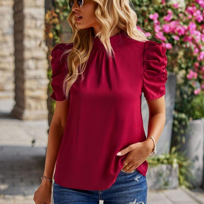 

Office Lady Solid Fashion Back Bow Loose Tops Elegant Short Sleeve Shirt 2026 Summer Women Tops Round Neck Clothes Blusas 24773 XL бордовий