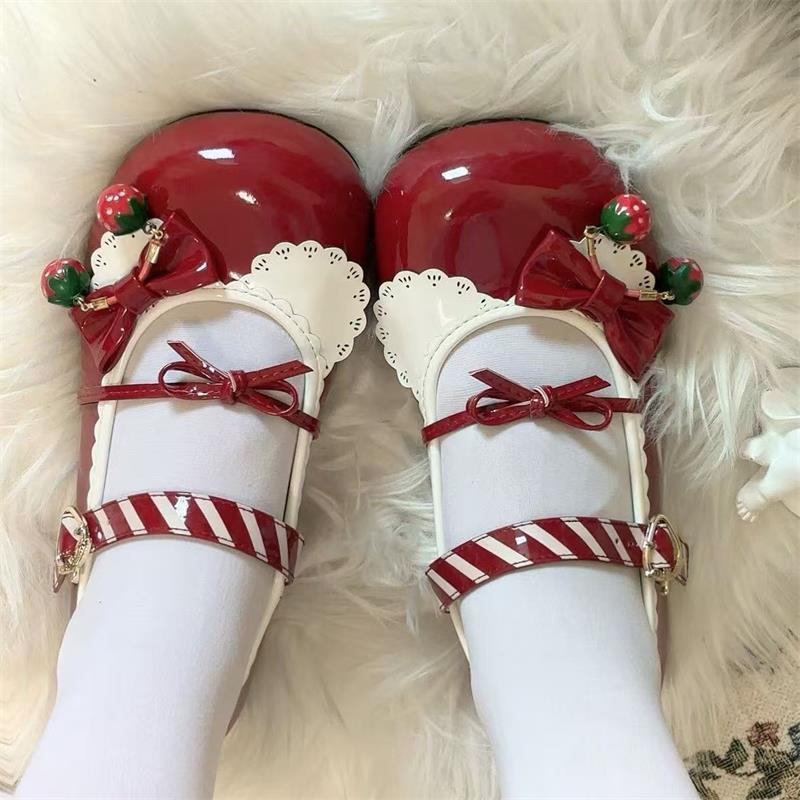 Japanese Strawberry Big Head Shoes Lolita Cute Round Head Low Heel Mary Jane Small Leather Shoes Medium Heel Girl Jk Uniform Shoes