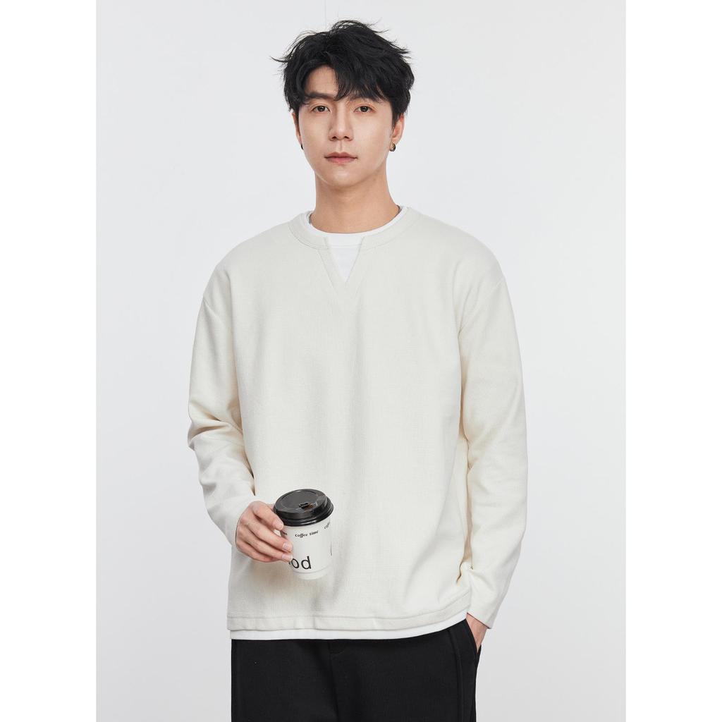 Also Stop Men's Layered V-Neck Long Sleeve Sweatshirt, 2025 Spring Loose Pullover, Light Mature Style