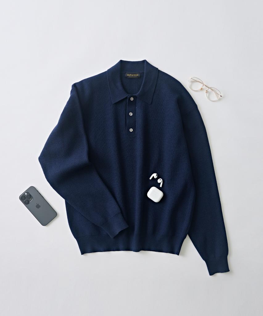 ANALOG MOOD Hachi Button-Up Collar Knit (Navy)
