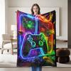 1 Piece Neon Game Controller Theme Flannel Blanket, Perfect for Sofa, Bed, Office. Ideal Gift for Family, Friends, Holidays.