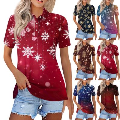 Women's Fashion Casual Lapel Short Sleeve Christmas Print Shirt Women's Button Up Tops