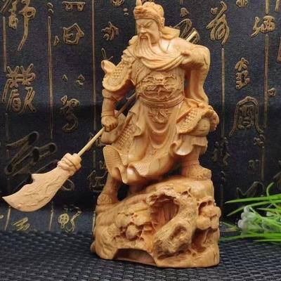 Natural Cypress  Guan Gong Sculptures Figurines Solid Wood Carving Home Room OfficeWealth Luck Feng Shui Decor Portrait Statue