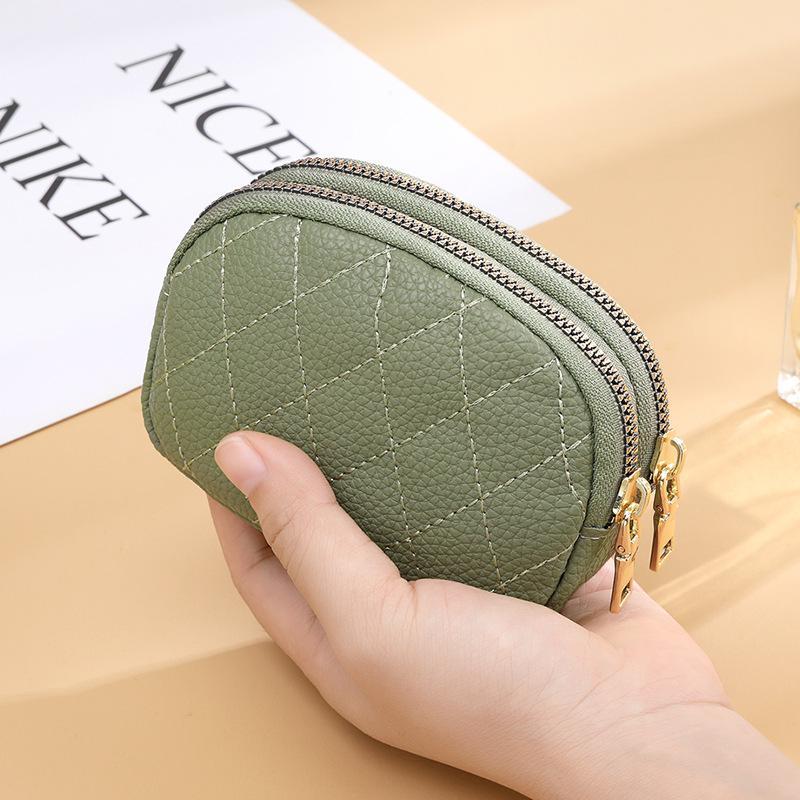 Portable Double Layer Coin Purse Water Resistant PU Leather Zipper Mini Card Holder for Women Daily Use