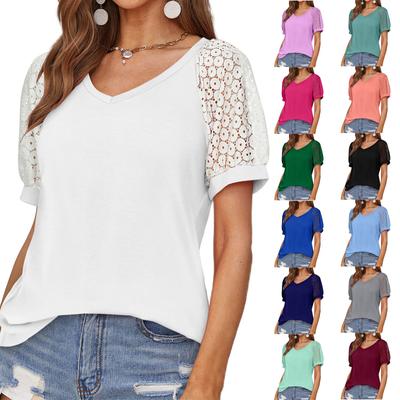 Women's Lace Short Sleeve Shirt V Neck T-Shirt Dressy Casual Tops Raglan Short Sleeve Lace Short Sleeve Panel Comfortable Cotton Top