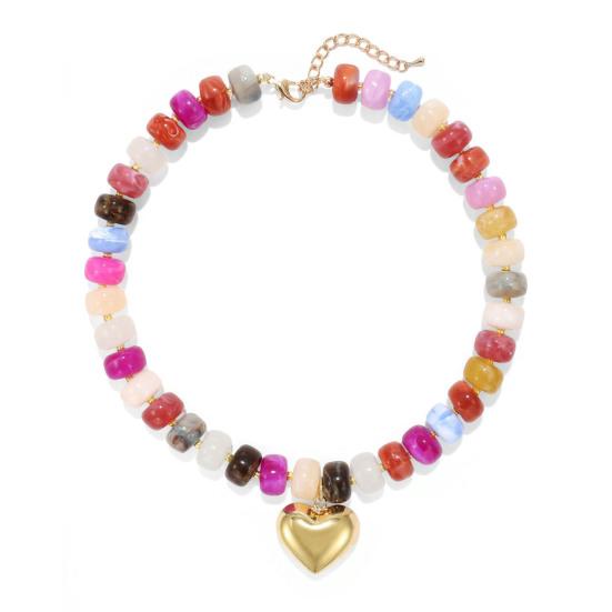 Chunky Beaded Choker, Colorful Acrylic Beads Necklace, Heart Pendant Choker for Women Summer Beach Vacation Jewelry