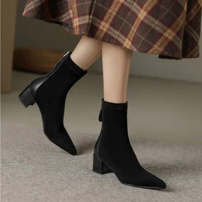 Women's Elastic Boots  Autumn/winter New Pointed Suede Nude Color Non-slip Back Zipper High-heeled Fashion Boots Botas Mujer