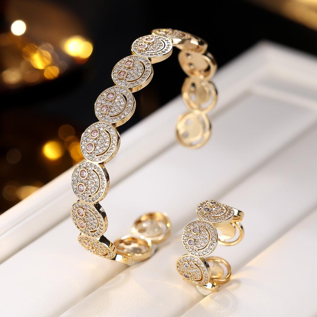 Women Smile Face Bracelet Ring Set Fashion Minimalist Zircon Jewelry Perfect For Party Gathering Wear