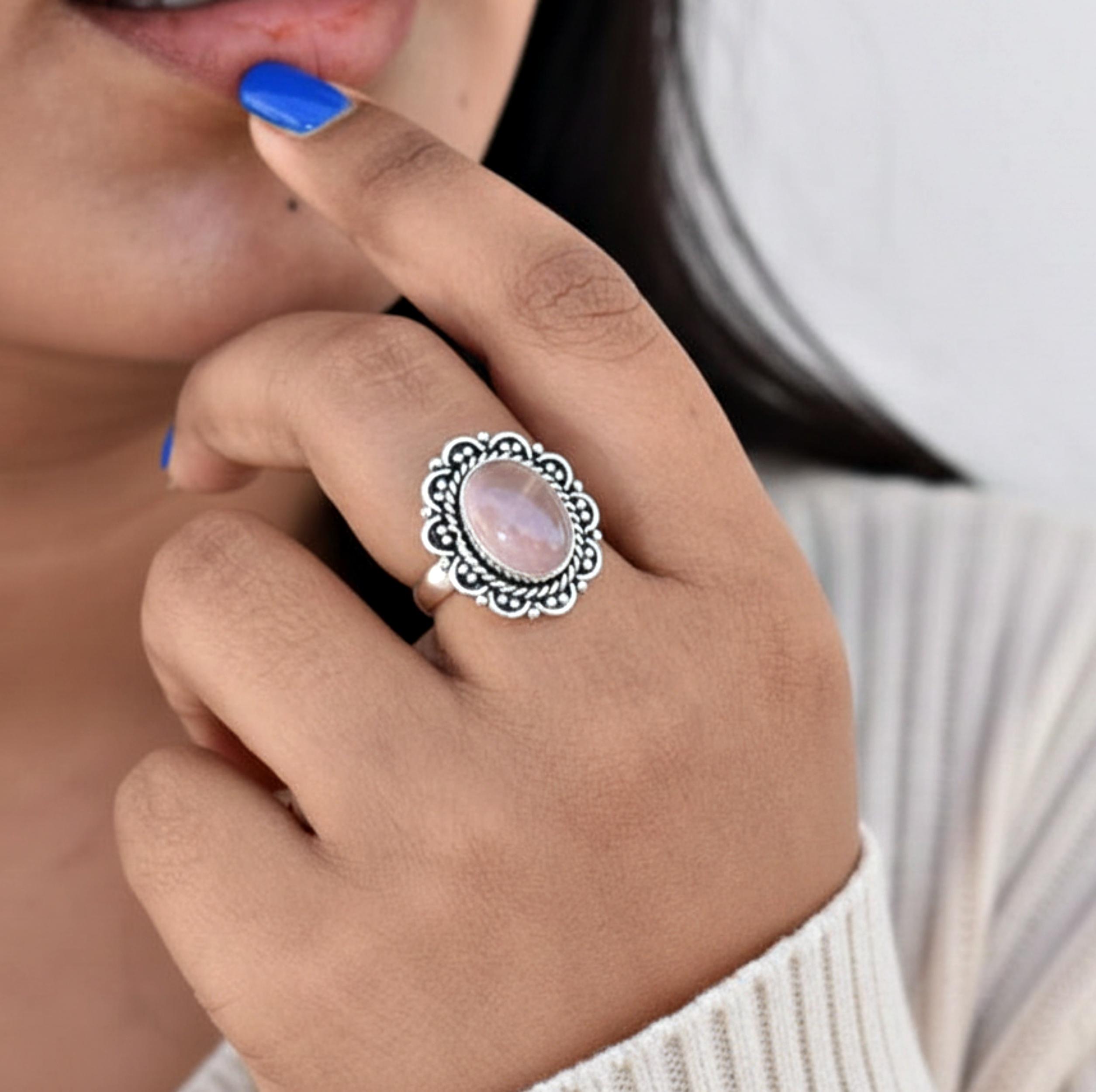 Rose Quartz Ring Set in 925 Sterling Silver – Handmade Oval Pink Stone Ring, Bohemian Jewelry for Women 4