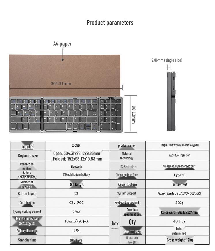 Tragbare dreifach faltbare Bluetooth-Tastatur für Mobiltelefon, Tablet & Laptop