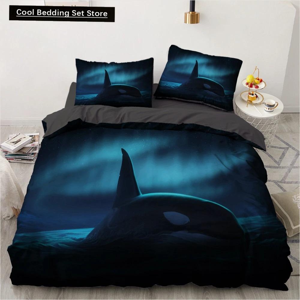 Dolphin Ocean King Queen Duvet Cover Cute 3D Sea Animal Bedding Set for Kids Teens Adults Shoal of Fish Blue 23pcs Quilt Cover