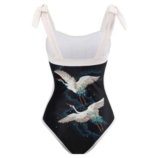 2Pcs/Set Women Printing Monokini with Skirt Sling Bandeau One-Piece Hot Spring Swimsuit with Beach Cover Up