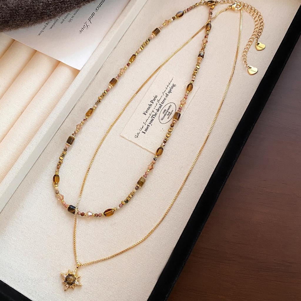 Two-piece Set, Tiger's Eye Stone, Sunflower Necklace, Women's Retro Light Luxury High-end Sweater Chain, Niche Stacked Wear