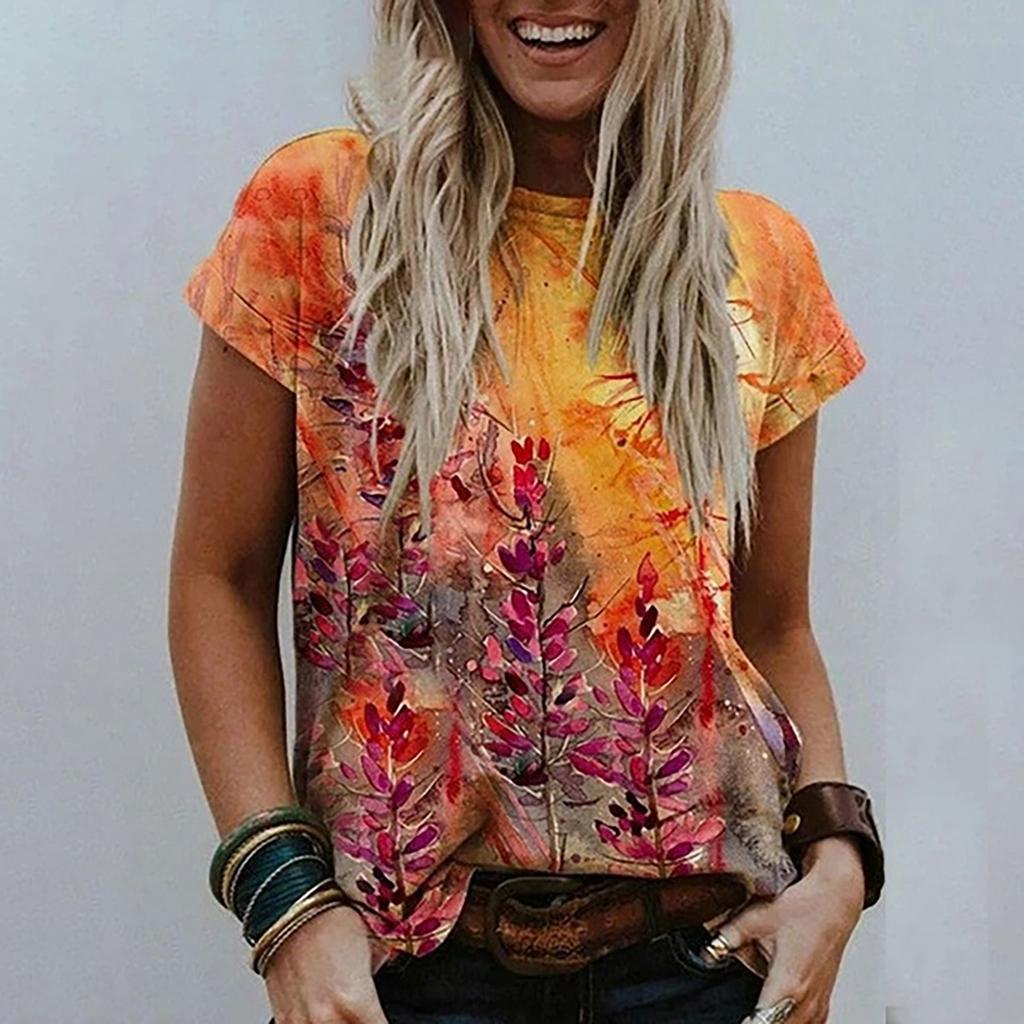 Women's Casual T-shirt Graphic Vintage Print Round Neck Tops Basic Loose Tops