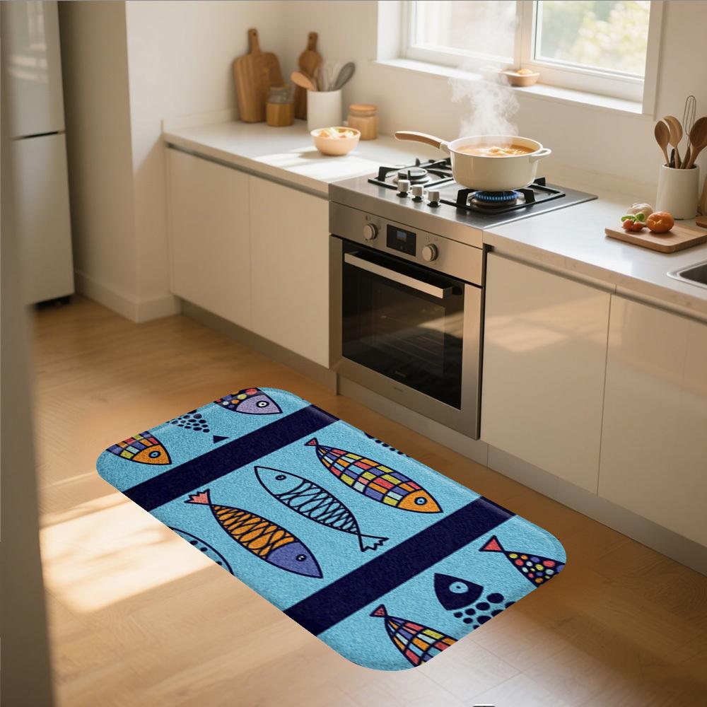 1pc Cartoon Fish Printed Flannel Mat Non-Slip Absorbent Rug for Kitchen Bathroom Bedroom Living Room