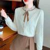 Winter Fashion New 2024 Long Sleeve Bow Stand Collar Apricot Velvet Lace Blouse Shirt Women Tops Blouses Shirts J808