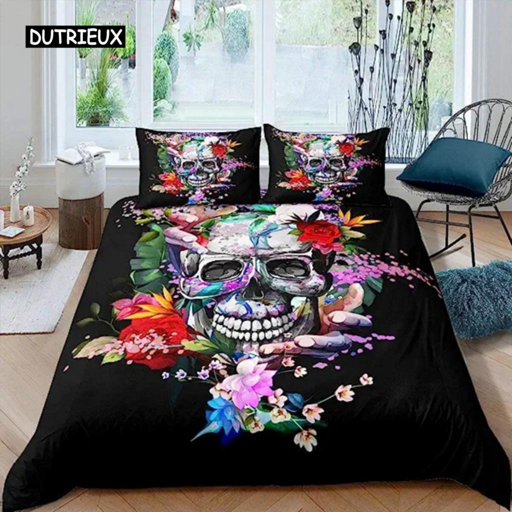 Sugar Skull Segas pārvalks Pusaudžu meitenes gultas veļas komplekts Sugar Skull Decor Gultas veļa Galvaskauss Skelets Rozes Ziedu apdrukas segas pārvalks Dekoratīvs