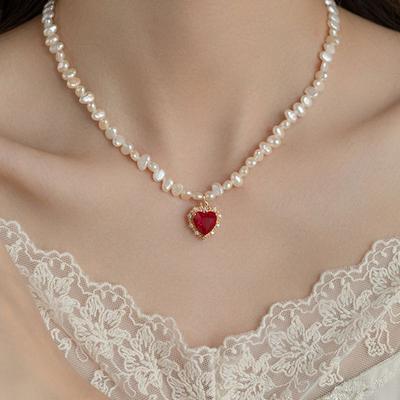 Baroque-shaped Rare Small Freshwater Pearl Necklace, Ruby Crystal Heart Pendant Necklace, Exclusive Collar Chain