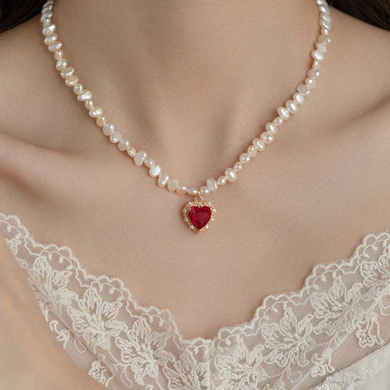 

Romantic Red Love Heart Shiny Crystal Natural Irregular Freshwater Pearl 14K Gold Filled Female Pendant Necklace Gifts 45cm