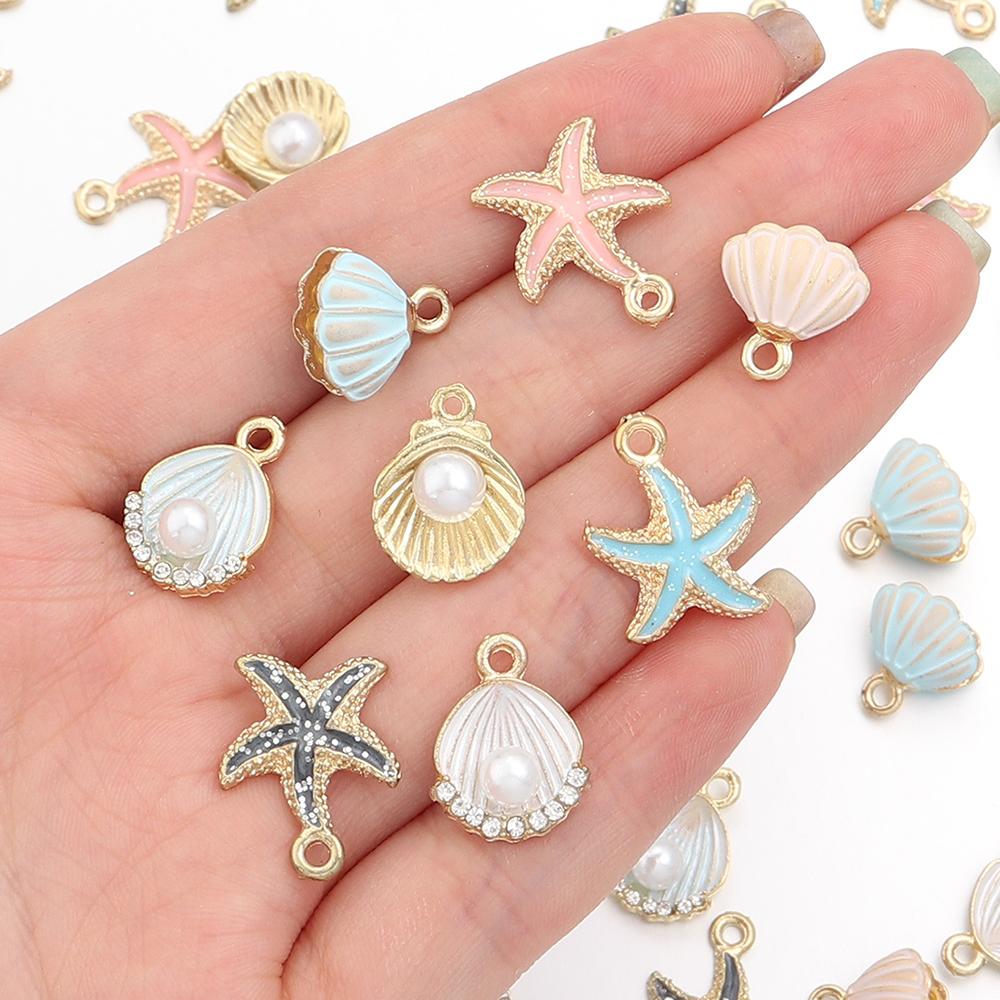 10pcs/lot Alloy Enamel Pendant Colorful Scallop Starfish Shell Shape Charms For DIY Fashion Earring Necklace Jewelry Accessories