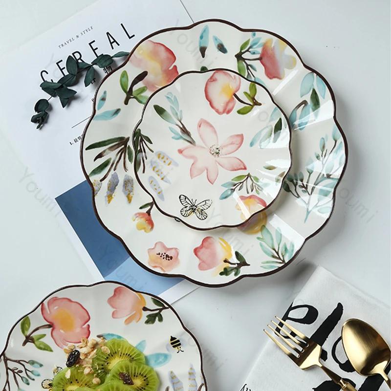Vintage Ręcznie Rysowane Kwiaty Ceramiczny Talerz Wykwintny Talerz na Popołudniową Herbatę Desery Owoce Domowy Talerze do Jadalni na Pyszne Dania