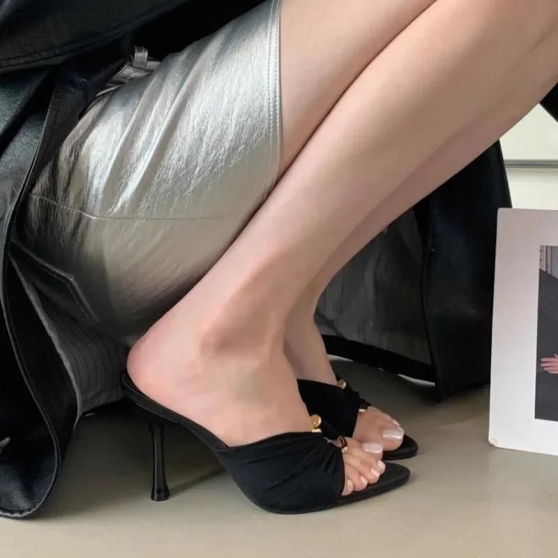 Sexy Pleated Hollow Out Buckle Strap Women Sandals Summer Pointed Toe Thin High Heels Banquet Party Female Shoes