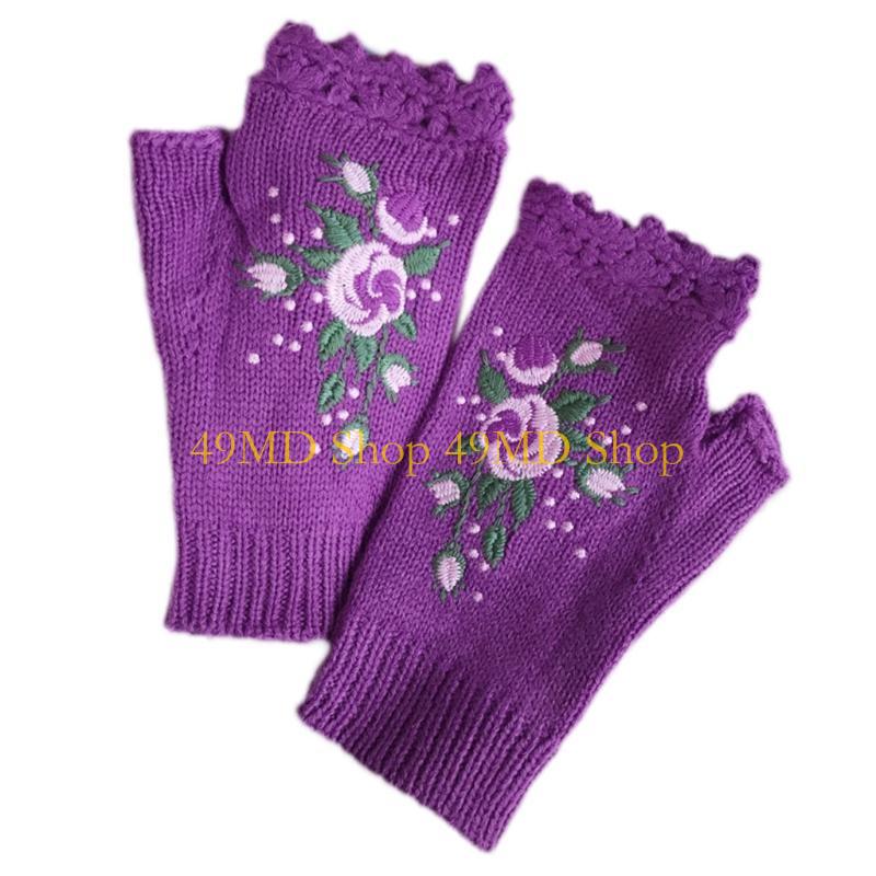 49MD Knit Fingerless Gloves Fall Winter Floral Embroidery Half Finger Cycling Mittens