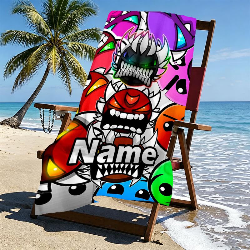 Custom Name Personalized Geometry Dash Print Beach Towel, for Trip Camping Beach Party Home Decor, Birthday Gift for Family & Friends