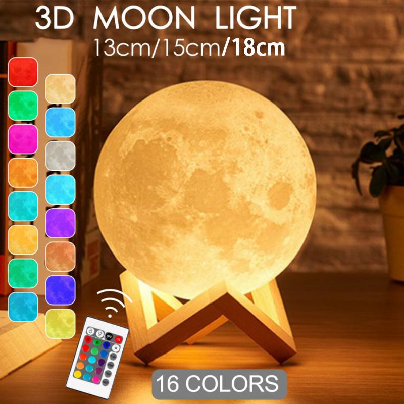 Remote 3d Control 16 Colour Rechargeable Moon Lamp Night Light Kids Dimmable Led