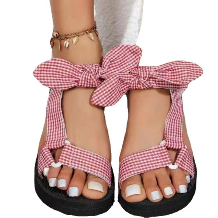 2025 Summer Large Size Beach Shoes Female Velcro Bow Round Head Flat Bottom Leopard Print Sandals Female Elegant Generous Shoes