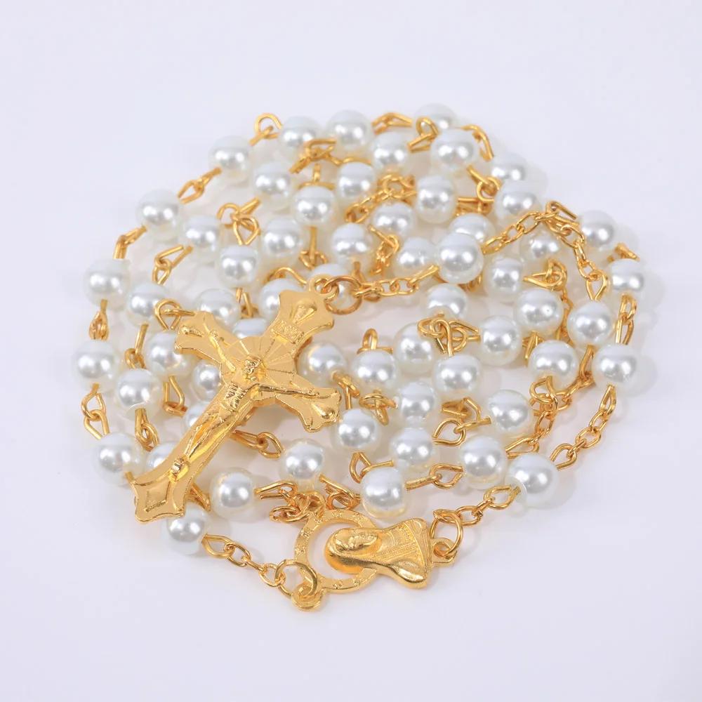 Religieuze Rozenkrans Ketting Voor Vrouwen 6MM Witte Imitatie Parels Lange Ketting Kruisbeeld Kruis Hanger Gebed Feest Sieraden Cadeau