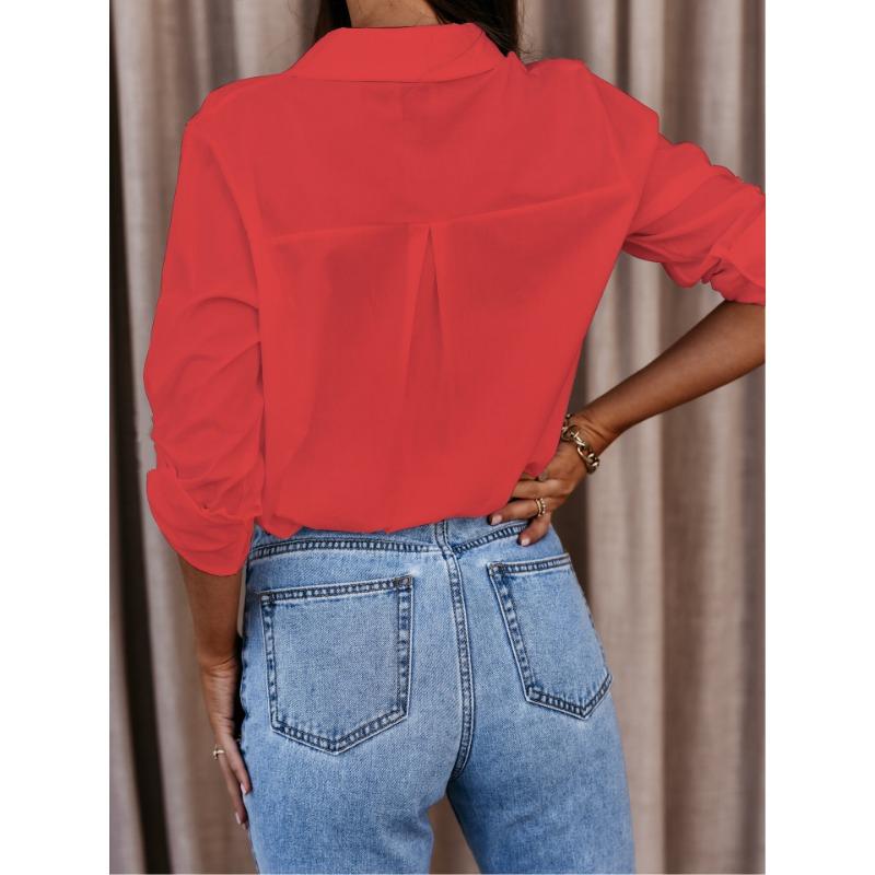 Fashion Long Sleeved Simple Loose Office Women Shirt Button-up Lapel Solid Color Casual Blouse Spring Autumn Solid Color Elegant Basic Tops Clothing