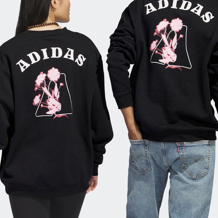 Adidas Bloom Crew Sweatshirt With Floral Logo Print Unisex Tops Black IC7744