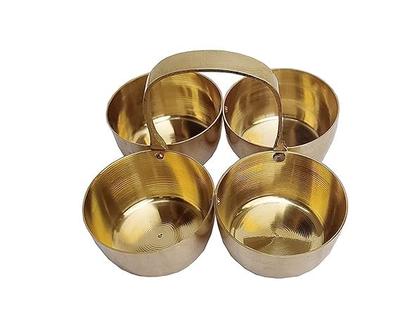 RSINC Brass Metal Puja Roli Chawal |Elaichi Mishri | Chopda for Mandir | Chowmukh Haldi Kumkum Holder 4 Bowl Stand Holder Patra- Gold Brass Chomukha