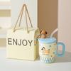 Summer New Straw Cup Doodle Animal Ceramic Water Cup with Lid Cartoon Mug Cute Birthday Gift